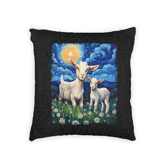 Goats Farm Animals Farmer Starry Night Painting Woven Pillows