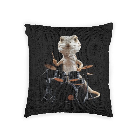Lizard Playing Drums Realistic Woven Pillows