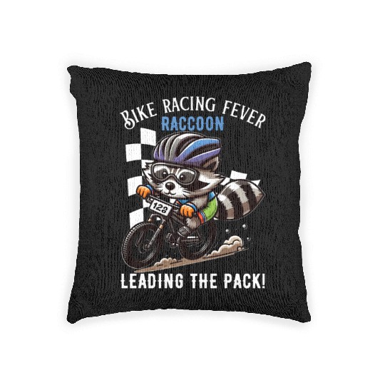 Raccoon Rides to Glory| bike racing fever raccoon Woven Pillows