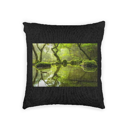 Enchanted Forest Reflections in Tranquil Pond Woven Pillows