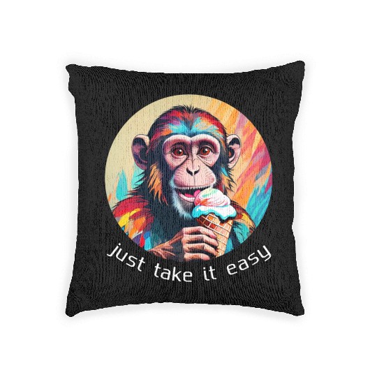 Monkey eating ice cream with a big smile Woven Pillows