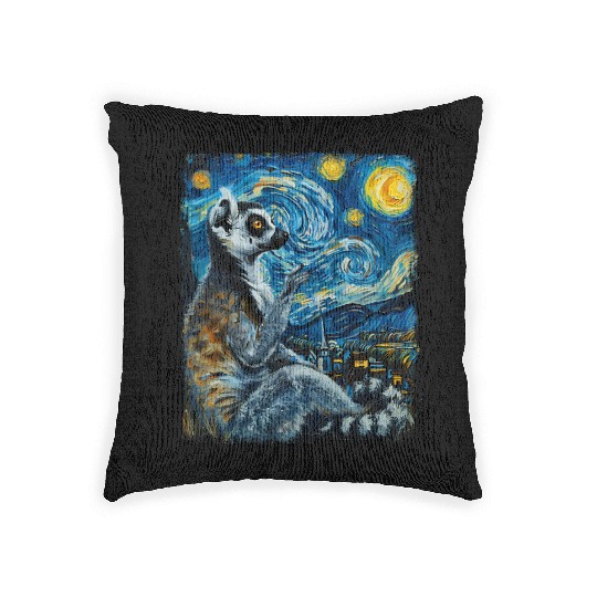 Lemur Ring Tailed Starry Night Painting Woven Pillows