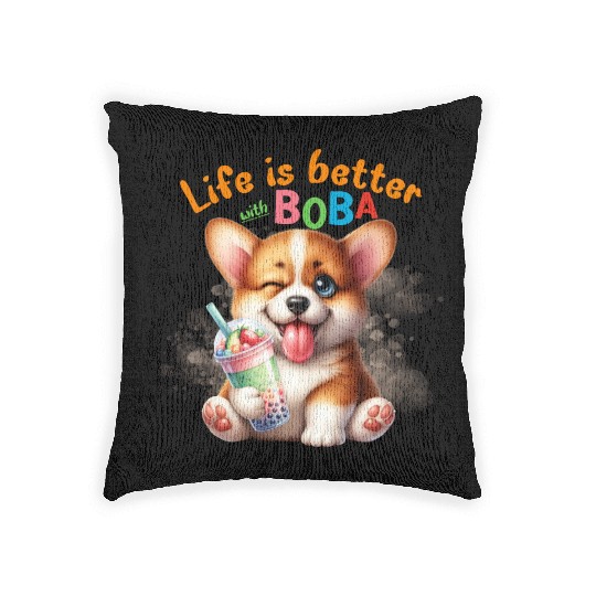 Corgi with BOBA tea Milk TEA Bubble tea Woven Pillows