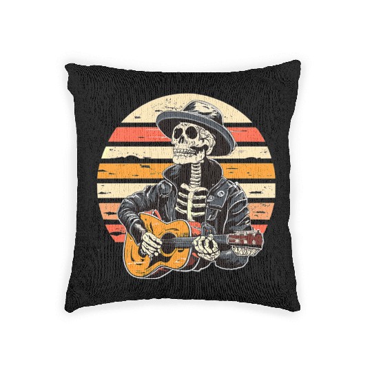Halloween Skeleton Playing Guitar Rock And Roll Woven Pillows