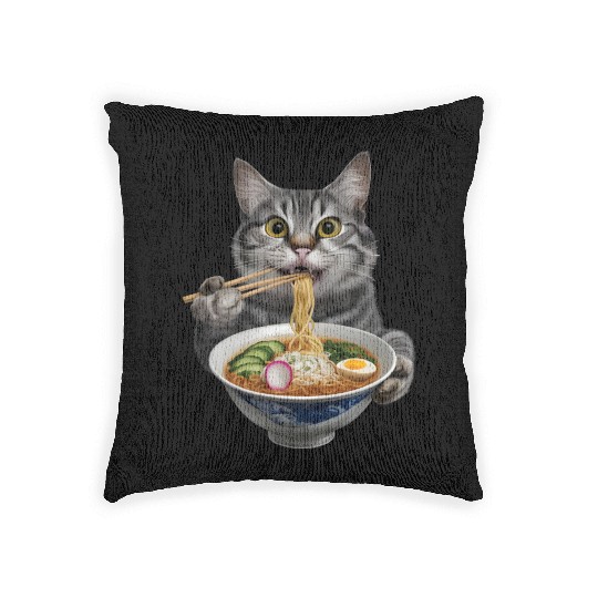 Cat Eating Ramen Realistic Woven Pillows