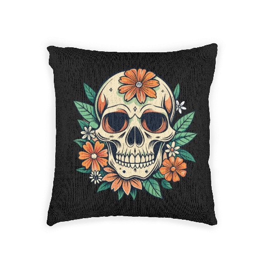 Vintage Retro Halloween Sugar Skull with floral Woven Pillows