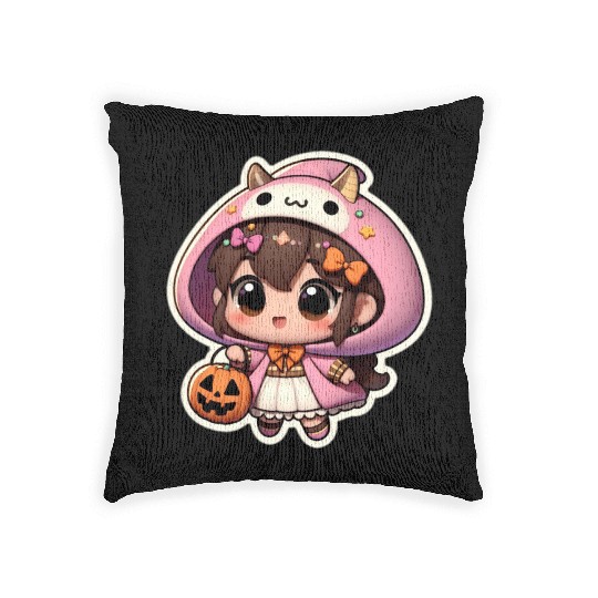 Tender little girl with pumpkin on Halloween Woven Pillows