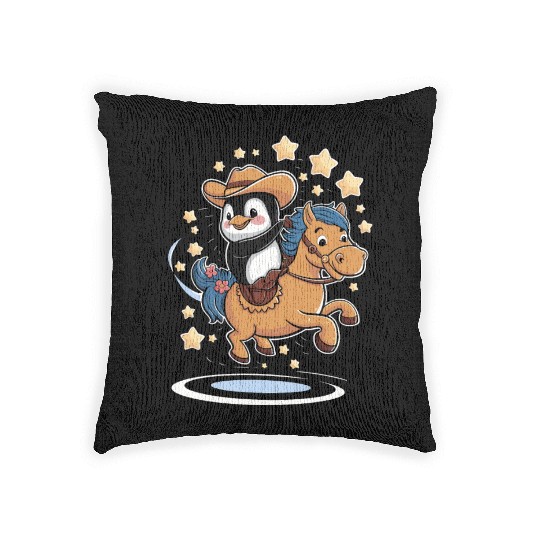 Adorable Penguin Cowboy Riding a Magical Pony Woven Pillows
