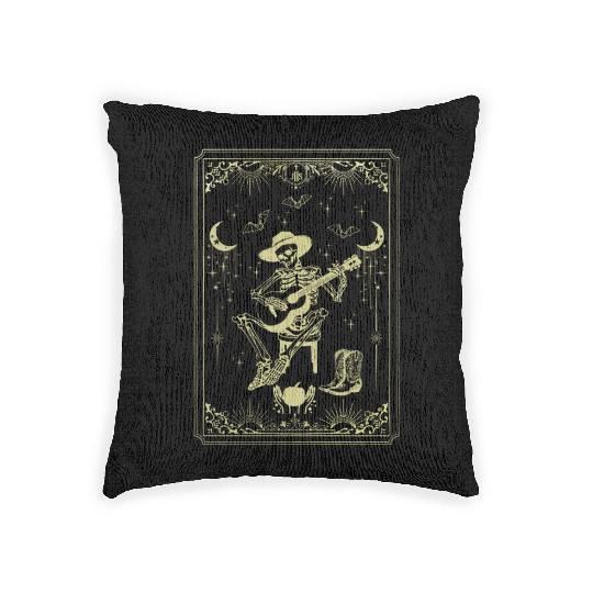 Tarot Card Celestial Cowboy Skeleton Plays Guitar Woven Pillows