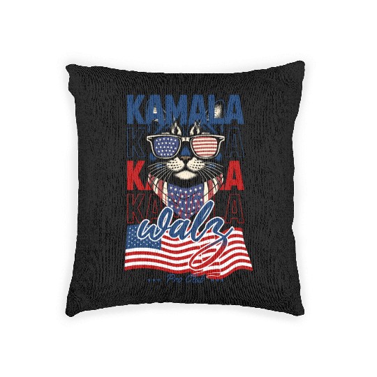 Patriotic Cat with Sunglasses and Kamala-Walz 2024 Woven Pillows