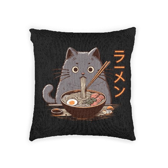Japanese Cat Eating Ramen Woven Pillows