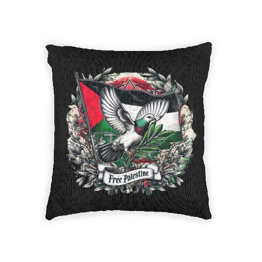 Pigeon holding olive's leaf free Palestine Flag Woven Pillows