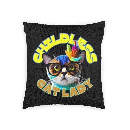 Colorful Cat with Glasses - Childless Cat Lady Woven Pillows