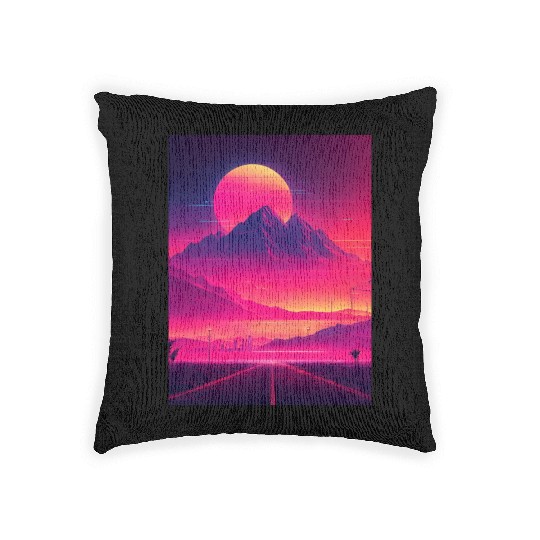 Neon Horizon: A Synthwave Journey Woven Pillows
