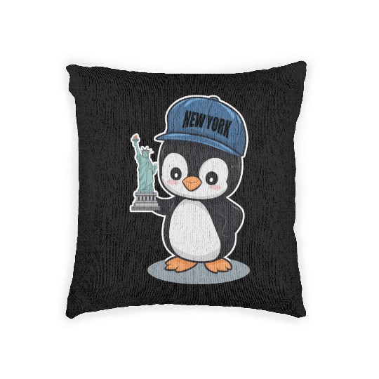 New York Penguin Holding Statue Of Liberty Woven Pillows