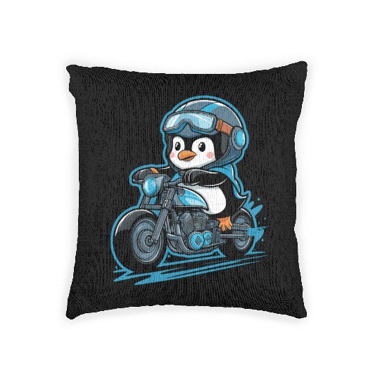 Penguin Riding Motorcycle With Goggles On Woven Pillows