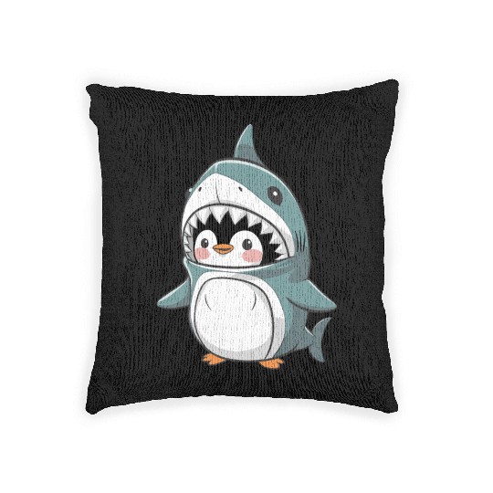Cute Penguin in Shark Costume Fun Animal Outfit Woven Pillows