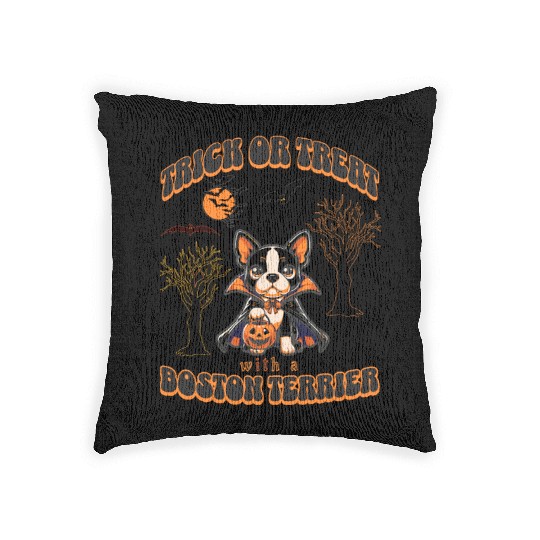 Trick or Treat with a Boston Terrier Halloween Woven Pillows