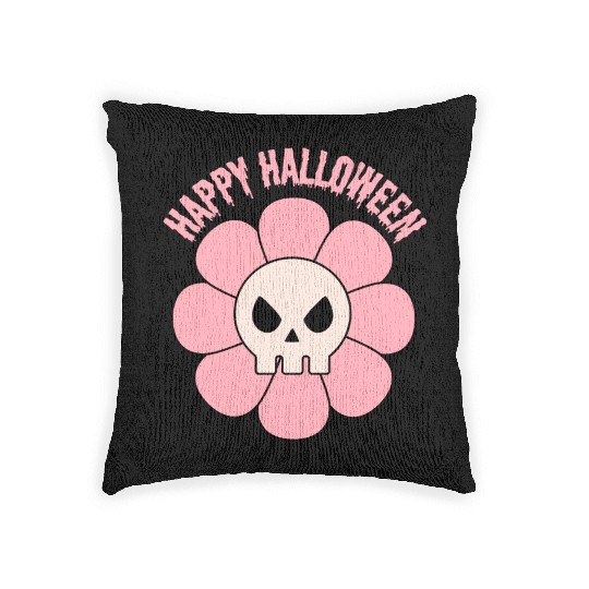 happy halloween flower skull pink and cute Woven Pillows