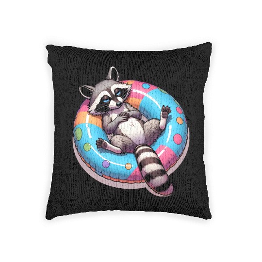 A relaxed raccoon on a swimming ring Woven Pillows