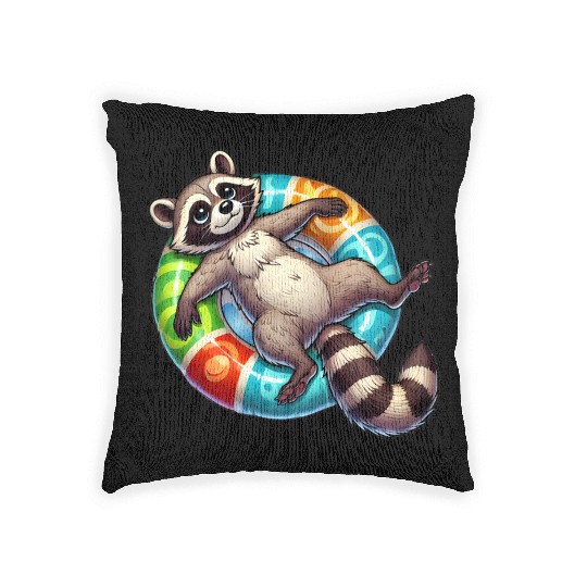 A relaxed raccoon on a swimming ring Woven Pillows