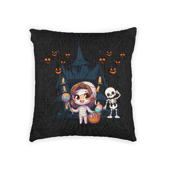 Friendly mummy and skeleton illustration Woven Pillows