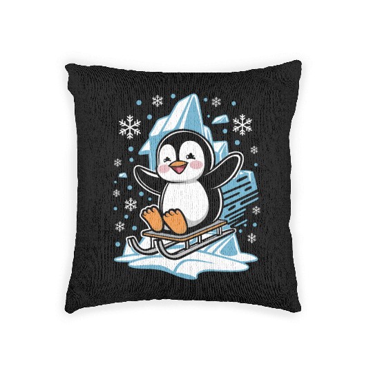 Happy Penguin On Sled Amid Snowflakes Woven Pillows
