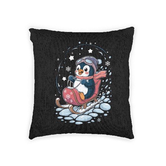 Cute Penguin Sledding Adventure Woven Pillows