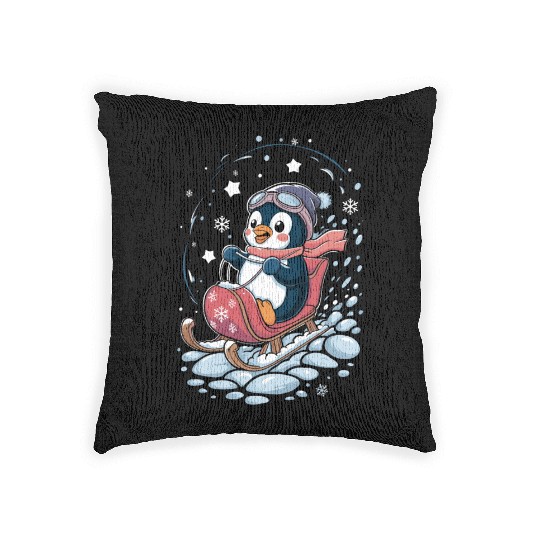 Cute Penguin Sledding Adventure Woven Pillows