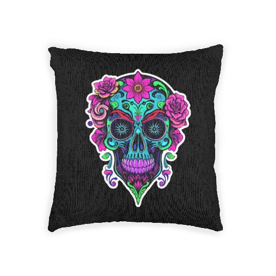 A vibrant and abstract sugar skull Calavera Woven Pillows