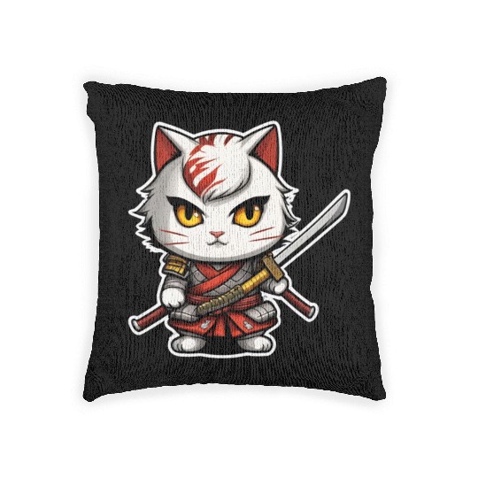 ninja cat with a katana 2 Woven Pillows
