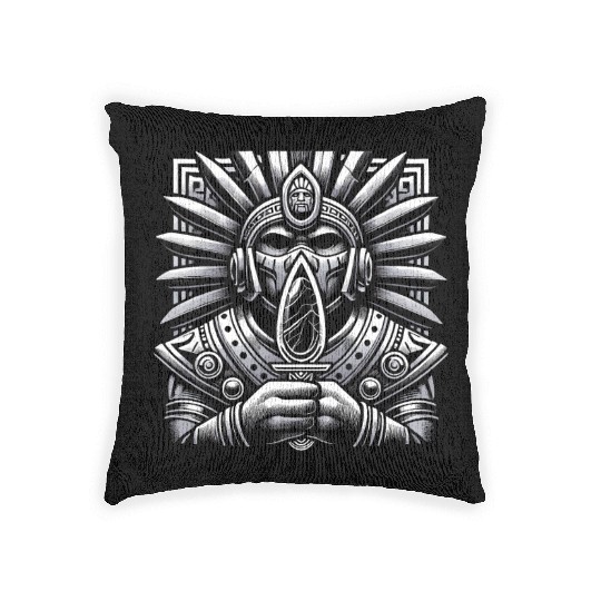 Aztec Warrior Mask with Tribal Art and Ancient Woven Pillows