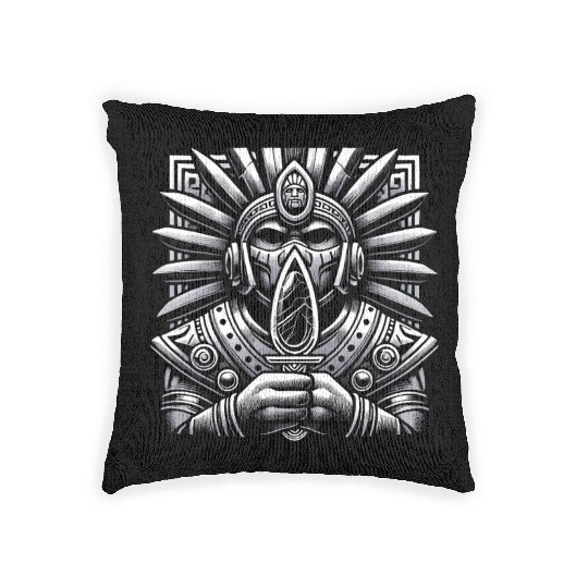 Aztec Warrior Mask with Tribal Art and Ancient Woven Pillows