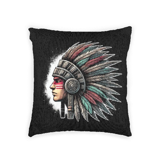 Aztec Warrior Mask with Tribal Art and Ancient Woven Pillows