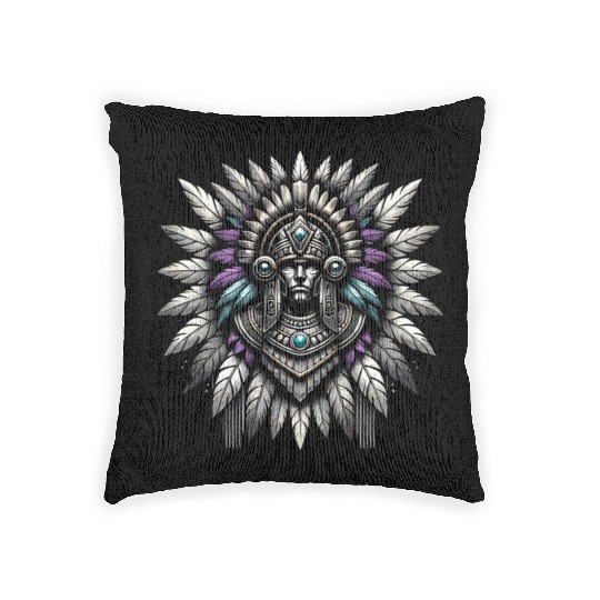 Aztec Warrior Mask with Tribal Art and Ancient Woven Pillows