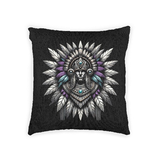 Aztec Warrior Mask with Tribal Art and Ancient Woven Pillows