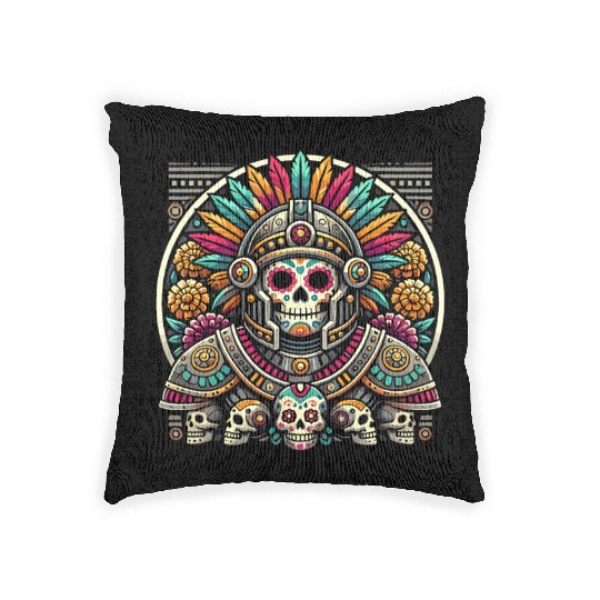 Aztec Warrior Mask with Tribal Art and Ancient Woven Pillows