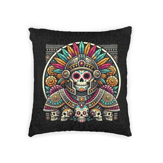 Aztec Warrior Mask with Tribal Art and Ancient Woven Pillows