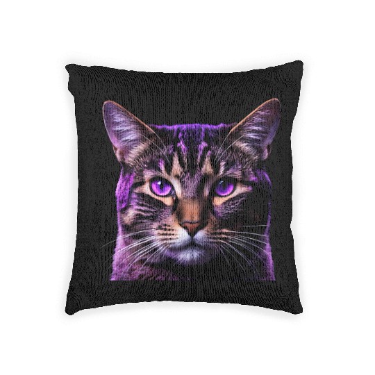 Vivid Lilac-Eyed Tabby Cat Portrait Woven Pillows