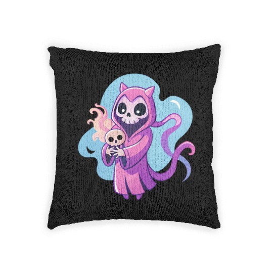 skeletal figure, violet pink robe, lavender puppy Woven Pillows