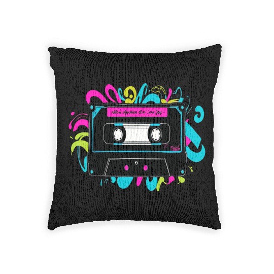 Retro Neon Cassette Tape with Vibrant Splash Woven Pillows