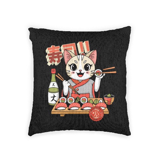 Sushi Chef Cat Adorable Culinary Cat Design Woven Pillows