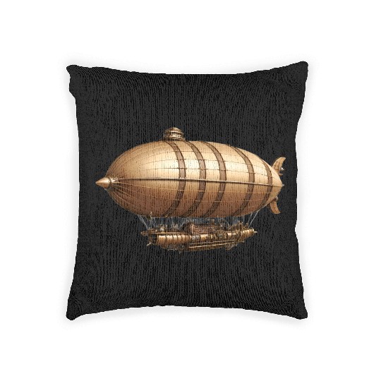 A large steampunk-style airship with bronze metal Woven Pillows
