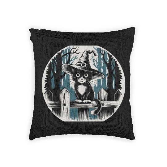 Cute Witch Cat Sitting On Fence In The Forest Woven Pillows