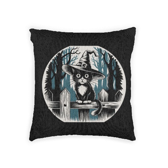 Cute Witch Cat Sitting On Fence In The Forest Woven Pillows