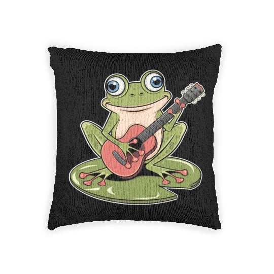 Frog Playing Guitar On Lily Pad Woven Pillows