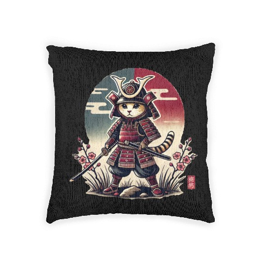 Samurai Cat: Vintage Ukiyo-e Warrior Art Woven Pillows