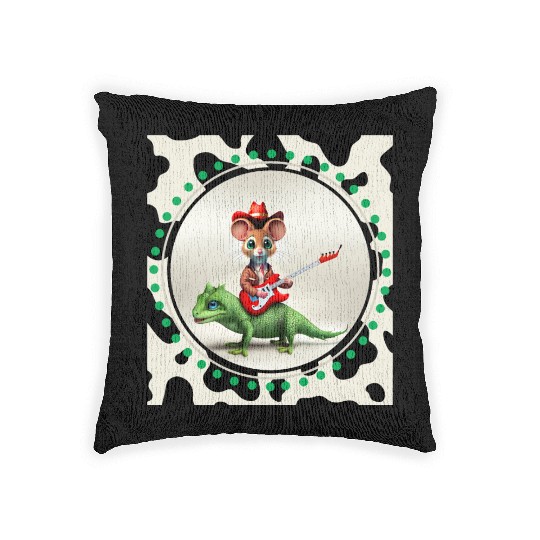 Mouse on Lizard Playing Guitar Woven Pillows