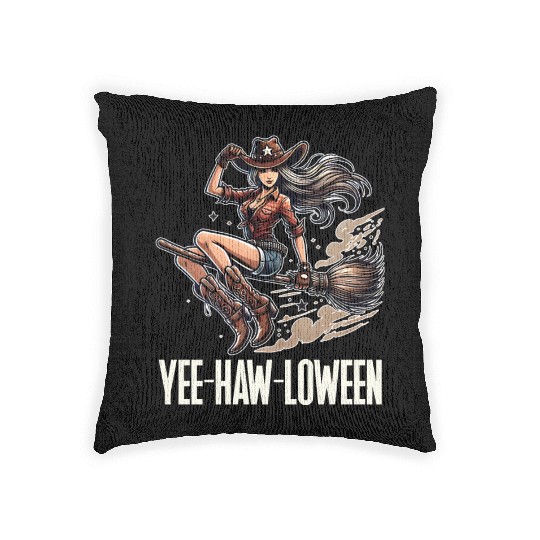 Funny Cowgirl on Broom Halloween Woven Pillows