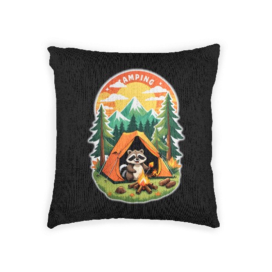 Raccoon Roasting Marshmallows Woven Pillows.